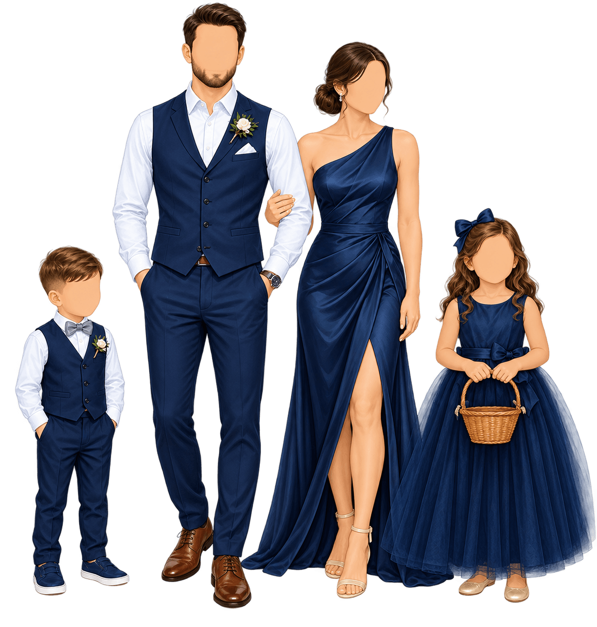 Entourage attire: navy formalwear for the wedding party, including children
